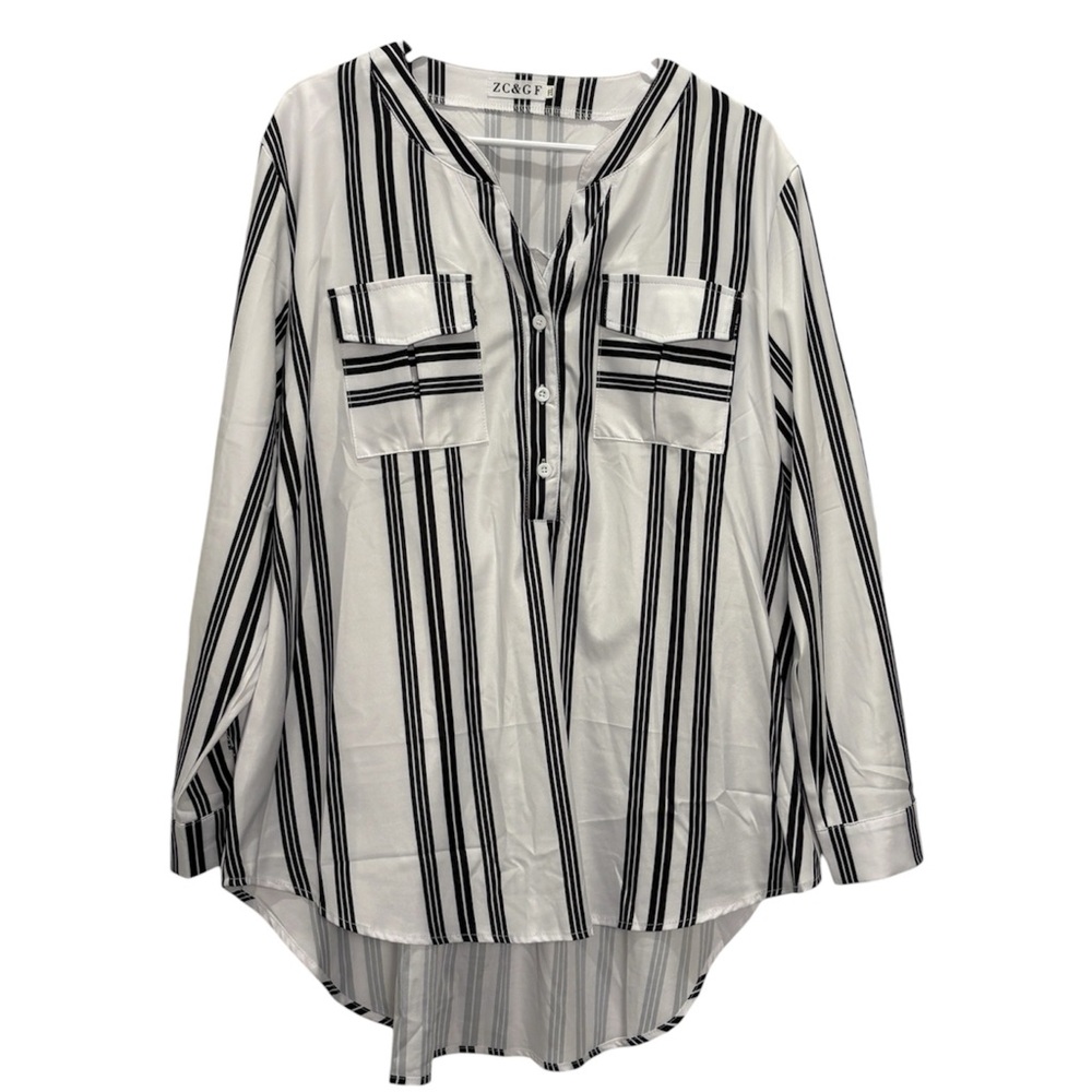 Top Shirt Stripes Lightweight Buttons Long Sleeves 3/4 Sleeves Roll-Up Cuffs 2XL - Picture 5 of 12